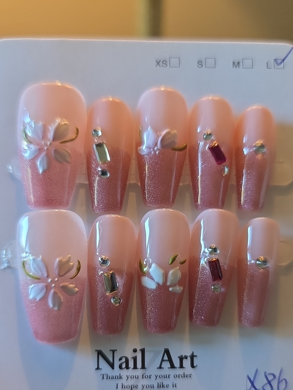 Press-On Set in Soft Pink with Floral Accents Size Large